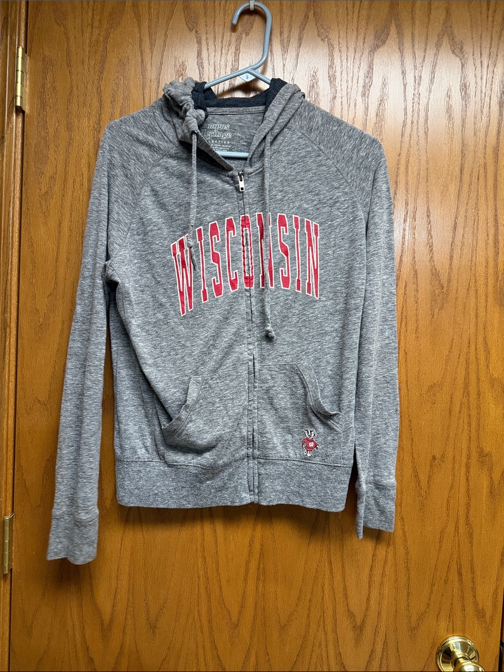 Campus Heritage Gray Zip Hoodie with Red Wisconsin Script
